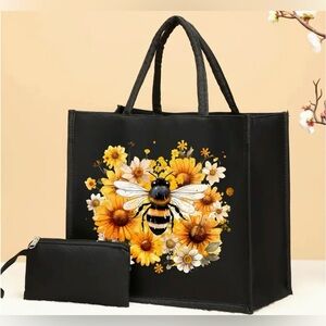 Honey Bee Pattern Tote Bag 2 Piece Set Lightweight Shopping Tote & Wristlet New